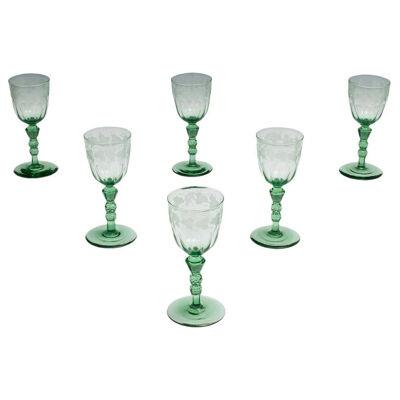 Set of Six Early Victorian Cut and Engraved Wine Glasses