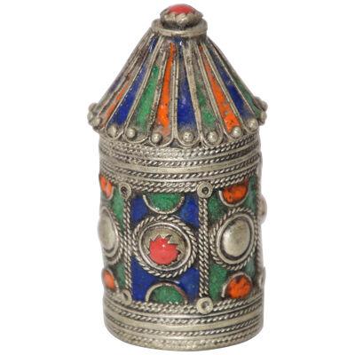 Antique Silver Enameled Powder Kohl Container Box from Kabylie, Algeria
