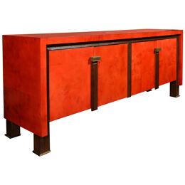 Modernist Vermillion Lacquered Goatskin Sideboard with Fluted Bronze Pulls
