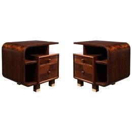 Custom High Style Art Deco Style Bookmatched Walnut Nightstands w/ Brass Sabots