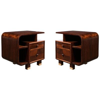 Custom High Style Art Deco Style Bookmatched Walnut Nightstands w/ Brass Sabots