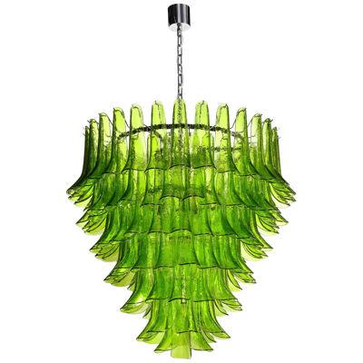 Modernist Hand-Blown Peridot Murano Glass Feather Chandelier w/ Chrome Fittings