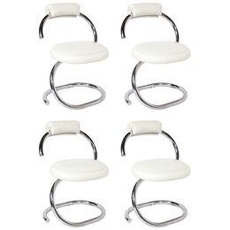 Set of Four Cobra Chairs in Curved Chrome & White Leather by Giotto Stoppino