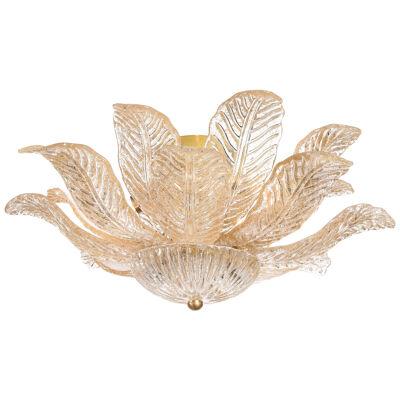 Modernist Handblown Murano Glass Leaf Form Flush-Mount w/ 24K Gold Flecks