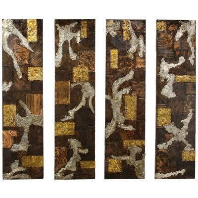 Brutalist 4 Panel Wall Mounted Sculpture in Mixed Metal Patchwork by Paul Evans