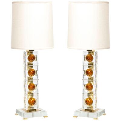Pair of Modernist Stacked Sphere Table Lamps in Amber & Translucent Murano Glass
