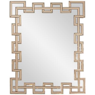 Modernist Crenellated Mirror w/ Interlaced Geometric Bronze & Beveled Detail