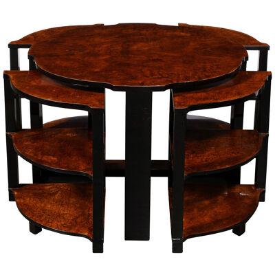 Art Deco Three-Tier Occasional Table & Four Nested Tables in Book-matched Walnut