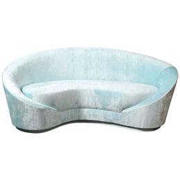1940s Style Modernist Custom Sweeping Curved Sofa in Aquamarine Velvet