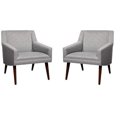 Mid-Century Lounge Chairs in Holly Hunt Fabric & Tapered Hand-Rubbed Walnut Legs