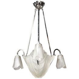 Art Deco Three Arm Skyscraper Frosted Glass & Nickel Chandelier signed Degué