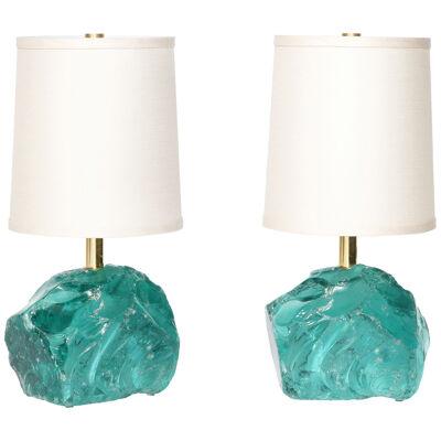 Pair of Hand-Cut Aquamarine Murano Glass Table Lamps