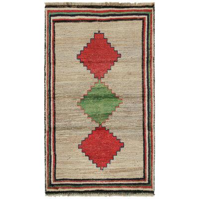 Vintage Persian Tribal Runner in Beige with Green, Red Medallions by Rug & Kilim