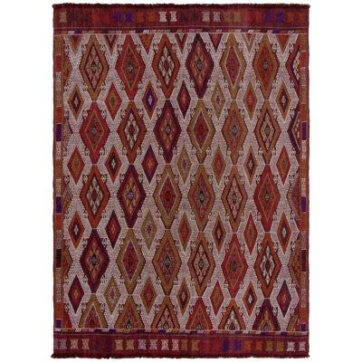 Vintage Embroidered Kilim Rug in Red, Brown, Orange Tribal Pattern