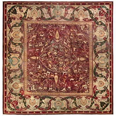 Hand-knotted Antique Agra Square Rug in Red and Beige Brown Pictorial Patterns
