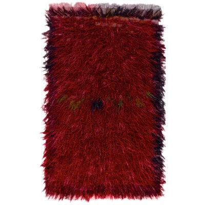 Vintage Tulu Shag Rug in Red High Pile, Blue and Pink Border Accents