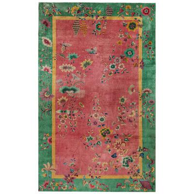 Antique Chinese Art Deco rug in Pink & Green with Florals, from Rug & Kilim