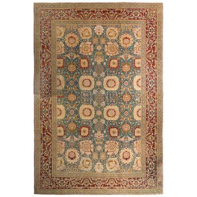Hand-knotted Antique Amritsar Rug in Blue and Gold in Floral Pattern