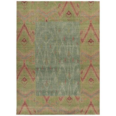 Rug & Kilim’s Distressed Style Rug in Green, Blue and Red Ikats Pattern