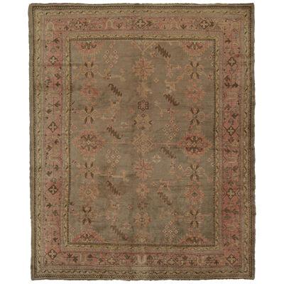 Hand-Knotted Antique Oushak Rug in Beige-Brown, Pink Floral Pattern