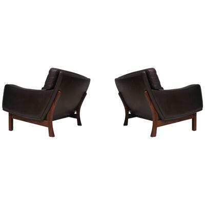 Mid-century Scandinavian Brown Leather and Rosewood Lounge Chairs