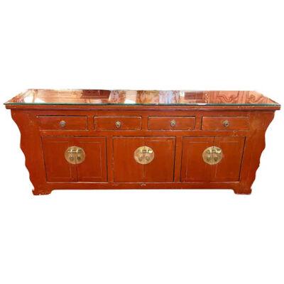 Late 19th Century Red Lacquered Asian Style Credenza with Glass Top