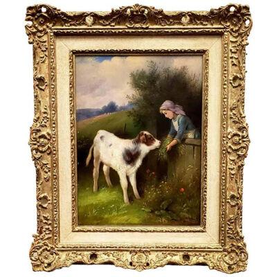 Oil Painting by Walter Hunt titled "Girl Feeding Calf in Meadow", 1931