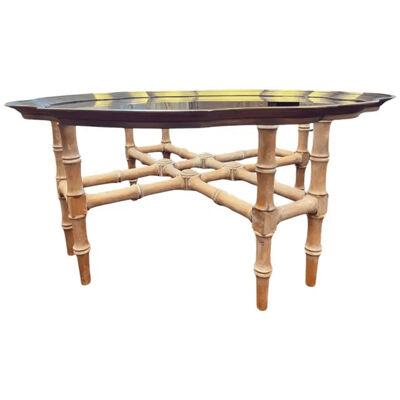 Hollywood Regency Brass & Glass Coffee Tray Table on Faux Bamboo Wood Base