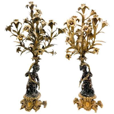 Pair of Gilt Bronze Mounted Putto 5-Arm Candelabra by United Wilson