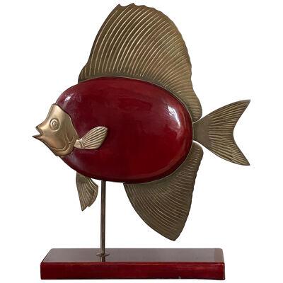 Decorative object -Statue of a fish in bronze and wood from 1980