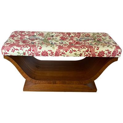 Walnut veneered art-deco bench with floral fabric