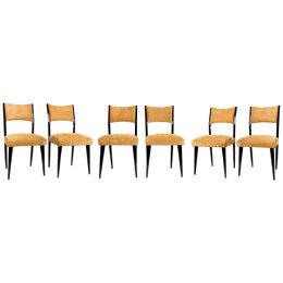 Set of six mid century designed black lacquered chairs