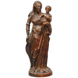 AN UNUSUAL 18TH CENTURY HARDWOOD CARVING OF MADONNA AND CHILD