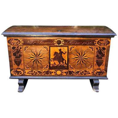 Antique Dutch Marquetry Inlaid Dome Top Marriage Coffer / Chest, Circa 1836