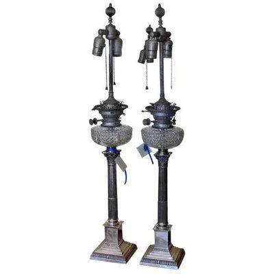 Pair of Antique Mappin & Webb Column Silver and Cut Crystal Table Lamps