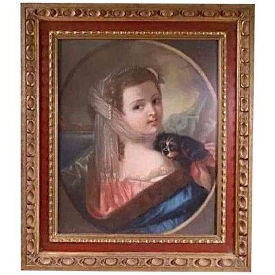 Antique French Portrait Pastel Oil Painting of Girl & Dog, 19th Century