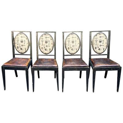Set of 4 Equator Furniture Company Rustic Tooled Leather Painted Chair, 1990s