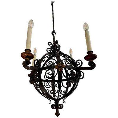 Antique 1920s Spanish Colonial Wrought Iron Chandelier