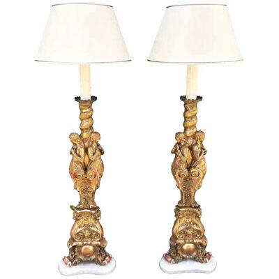 Antique French Giltwood Figural Cathedral Floor Lamps, a Pair