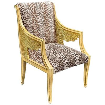 Egyptian Style Winged Neoclassical Giltwood Arm Chair with Cheetah Velvet, 1990s