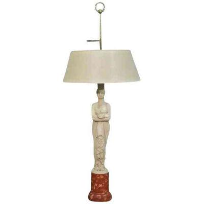 Antique Neoclassical Figural Marble Lamp with Tole Bouillotte Shade
