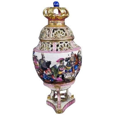 Capodimonte Porcelain Potpourri Covered Bowl - Gladiators, 19th Century