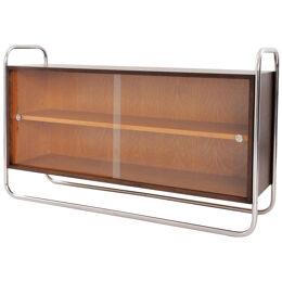 Bauhaus tubular steel low bookcase, wood case, sliding glass panels, reedition