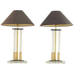 A Pair of Bauer Designed Lucite and Brass Lamps 1980s