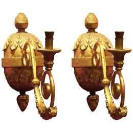 Pair of Italian Baroque Hand-Carved Giltwood Sconces with Gilt Bronze Arm