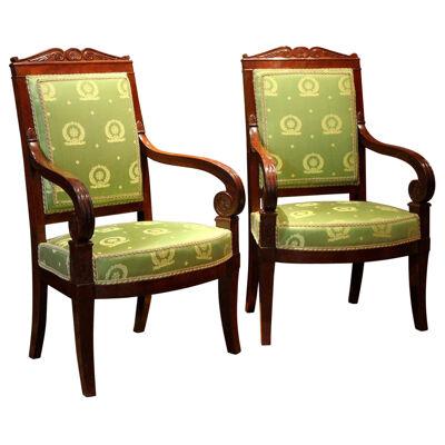 Jacob French 18th Century Mahogany and Green Silk Upholster High Back Armchairs