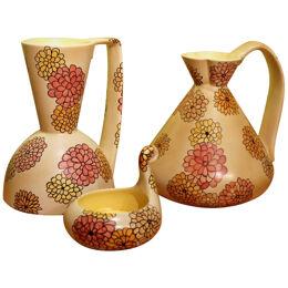 Lenci Italian Art Deco Ceramic Jug, Pitcher and Tray Set with Floral