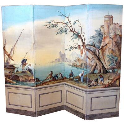 French early 20th Century Tempera on Canvas Folding Screen with Seascape View