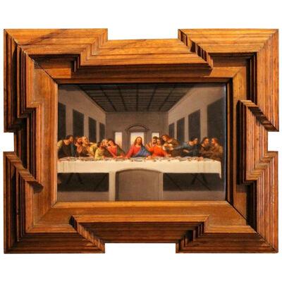 Print Porcelain Plaque Last Supper Painting after Leonardo in Carved Wood Frame