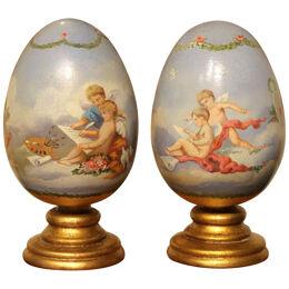 Italian Romantic Hand Painted Decorative Terracotta Eggs on Giltwood Stands
